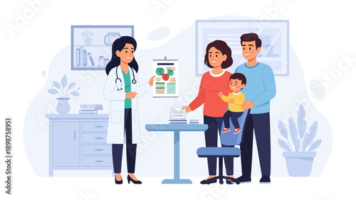 Family Medical Consultation: A friendly and skilled doctor consults with a family in a bright, modern medical office. They're discussing health and well-being.