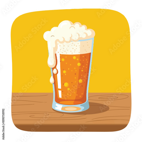 Cartoon style close up of frothy amber beer glass overflowing with foam on wooden surface in bright yellow background