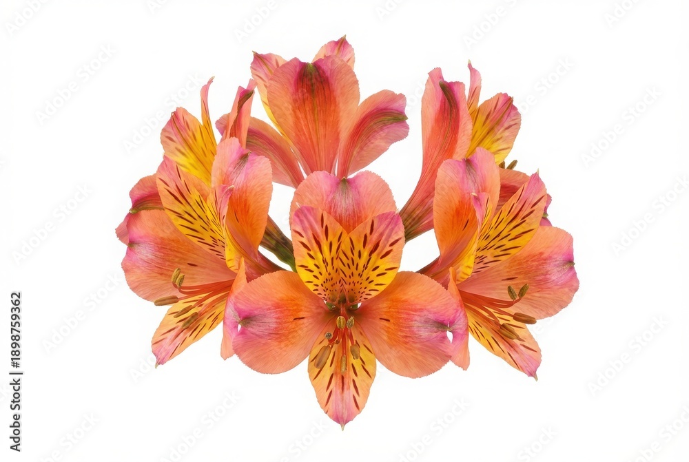Fototapeta premium A vibrant bouquet of orange and yellow alstroemeria flowers with intricate petals. isolated on white background