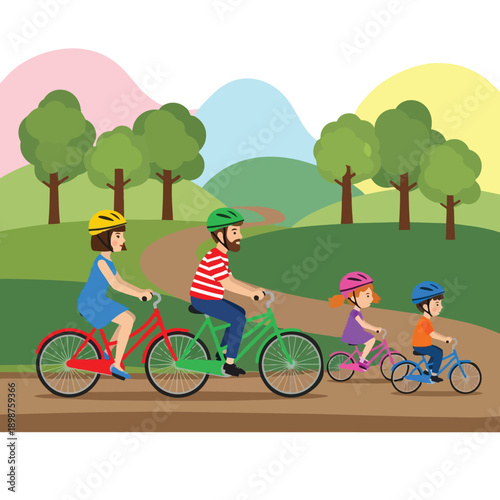 Colorful flat design side view family cycling together on trail with helmets father leading daughter son mother following cheerful landscape