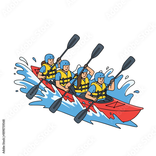 Colorful vector art showing four people paddling red tandem kayak swiftly in splashing blue water with safety gear