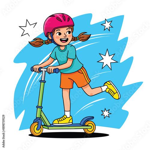 Colorful cartoon girl wearing pink helmet and orange shorts riding green scooter with yellow wheels and smiling outdoors with motion stars