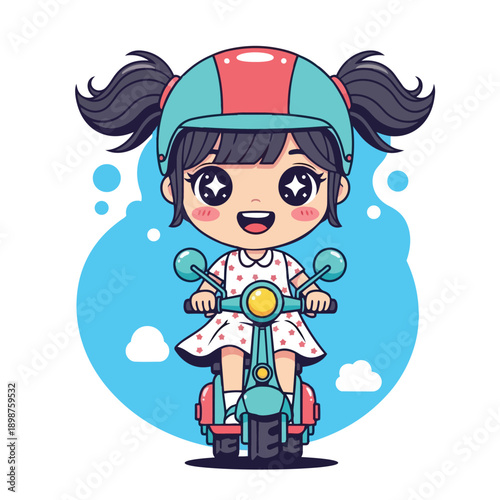 Kawaii flat vector front view playful smiling girl on teal scooter wearing helmet pink dress holding handlebars against blue sky