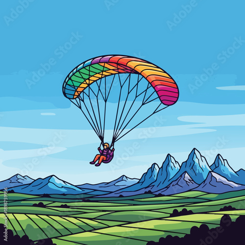 Colorful flat design close up of person paragliding with rainbow parachute over green fields and blue mountains during clear sky