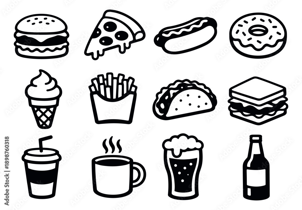 Obraz premium Bold line art fast food and drink icons set featuring popular fast food and beverage items for menus and digital projects
