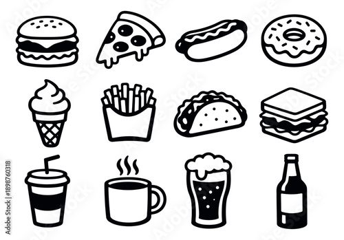 Bold line art fast food and drink icons set featuring popular fast food and beverage items for menus and digital projects