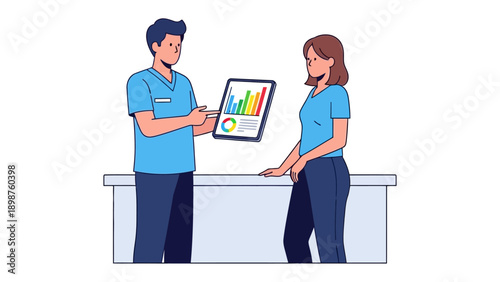 Consultation and Analysis: A consultant engages in a professional discussion with a client, presenting a detailed analysis on a tablet, fostering open communication and insights