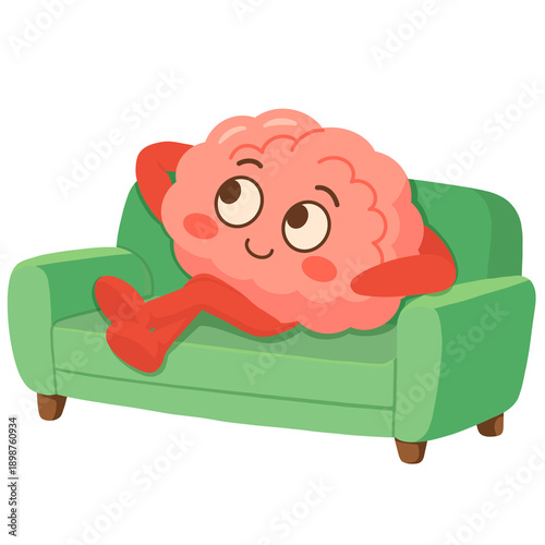 Cartoon Illustration of Dream Brain Character Daydreaming, Thinking and Relaxing on the sofa