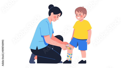 Caring Touch: A compassionate caregiver provides gentle first aid, bandaging a young boy's knee with empathy and care. 