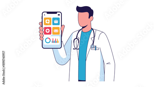 Digital Healthcare at Hand: A medical professional demonstrates the user-friendly interface of a telehealth application on a smartphone. The interface presents an array of health-related applications.