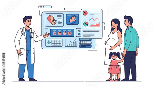 Prenatal Consultation: A healthcare professional guides a couple and their child through a comprehensive prenatal consultation.