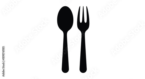 Simple black silhouette of a spoon and fork displayed vertically