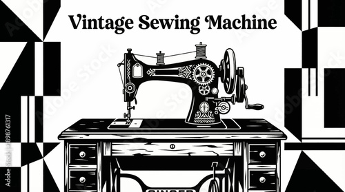 Vintage Sewing Machine Household Retro Black and White Background Vector Illustration