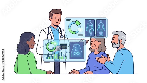 Healthcare Discussion: A doctor explains complex medical data and analysis results, alongside patient during a consultation.