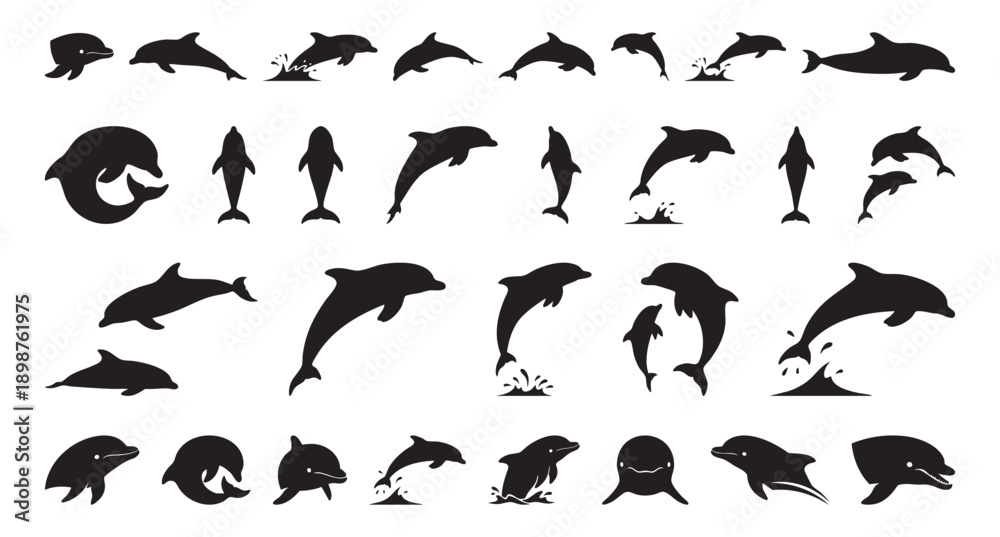 Naklejka premium black dolphin silhouettes in playful pod, multiple leaping profiles over stylized wave shapes, dynamic motion and smooth contours conveying freedom and energy for editorial and decorative use