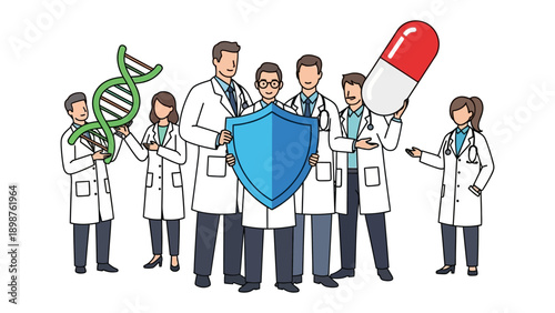 Medical Team: A group of dedicated medical professionals stand united, symbolizing health, protection, and the advancements in healthcare.