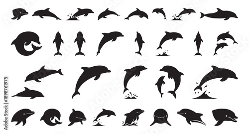 black dolphin silhouettes in playful pod, multiple leaping profiles over stylized wave shapes, dynamic motion and smooth contours conveying freedom and energy for editorial and decorative use