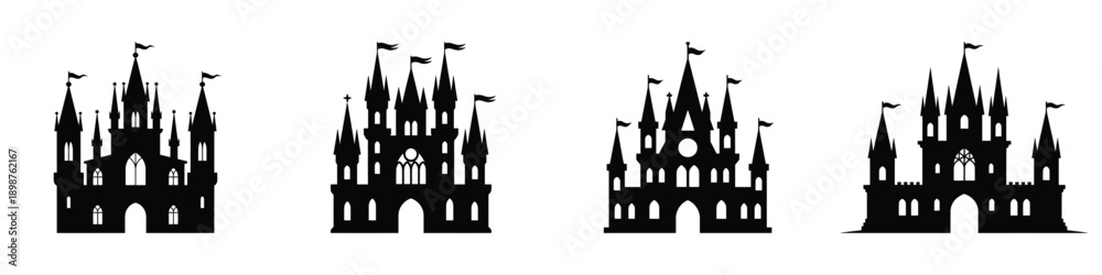Fototapeta premium Gothic Horror Castle Silhouettes: Spooky Medieval Fortress Vector Illustrations for Halloween and Fantasy Design