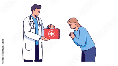 Medical Consultation: A concerned patient receives a medical kit from a caring doctor. A scene that embodies healthcare, help, and human connection.