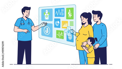 Digital Medical Consultation: A doctor points to the digital health board in front of family, explaining diagnostic information. Focus on the concept of modern medical treatment, new healthcare.