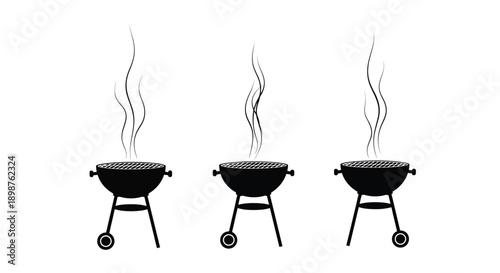 Three black silhouette grills with rising smoke against a white background