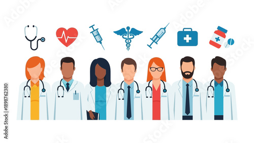 Healthcare Heroes: A diverse group of dedicated healthcare professionals, equipped with stethoscopes and essential medical tools, stands united in their commitment to providing compassionate care.