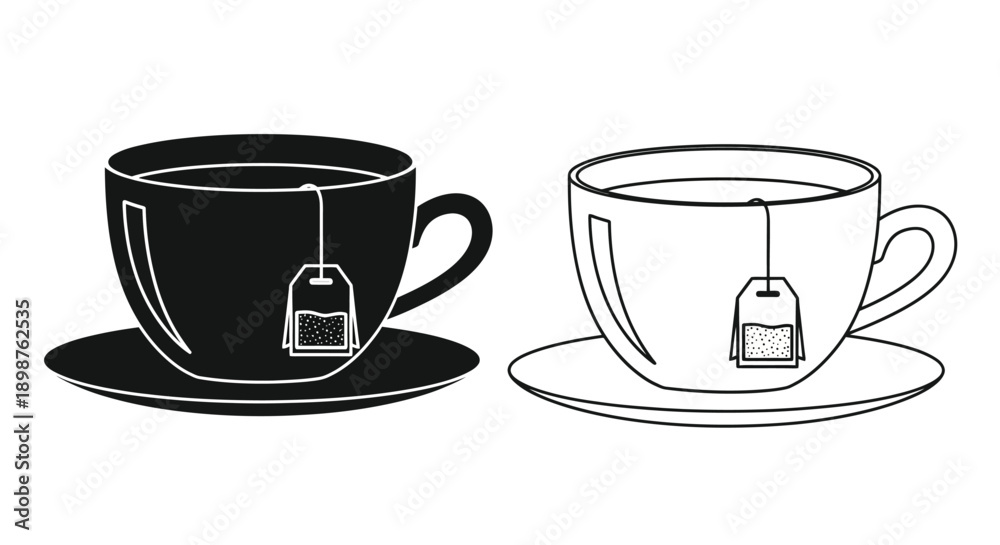 Obraz premium Two cups of tea with teabags one filled and one outline