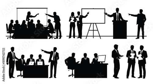 Business meeting silhouettes depicting presentations discussions and office work