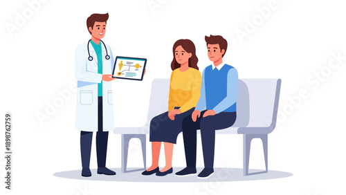 Consultation of Doctor: A compassionate physician presents diagnostic results to a couple in a modern clinic setting, fostering understanding and care. 