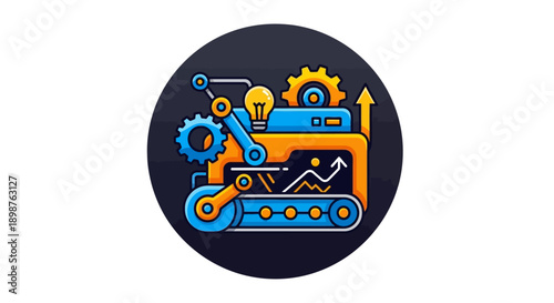 TITLE:
Industrial Machinery And Automation Icon Illustration Featuring Gears And Conveyor System Representing Smart Manufacturing And Engineering Technology
