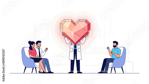 Relationship Counselor Illustration: An illustrated scene of a therapist holding a radiant heart between a couple and a single person, symbolizing empathy, support, and relationship care.