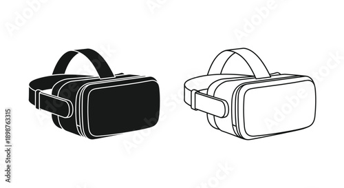 Two virtual reality headsets depicted in black and white line art