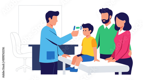 Medical Checkup: A doctor uses a contactless thermometer to check a young patient's temperature. With the support of his parents, the child receives a routine checkup in a healthcare setting.