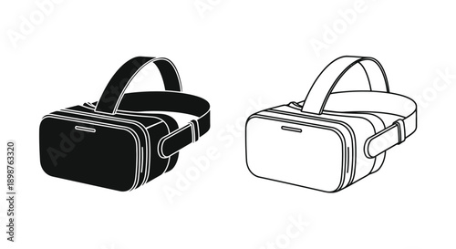 Two virtual reality headsets in contrasting black and white outlines