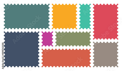 Colorful Postage stamp set. Blank postage stamps with empty paper design. Post stamp frame and border. Rectangle shape frame with Vector zigzag objects for badge, sticker, photo. Vector illustration s