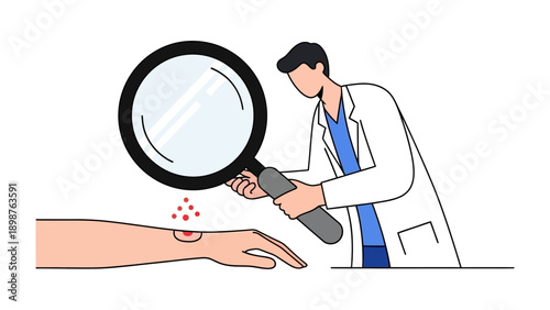 Dermatological Examination: A doctor's precise evaluation of a skin condition using a magnifying glass, illustrating the intricacies of dermatological care. 