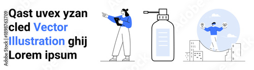 Woman pointing while holding a tablet, labeled hygiene spray bottle, gymnast balancing over buildings. Ideal for technology, wellness, cleanliness, modern design, urban lifestyle, efficient