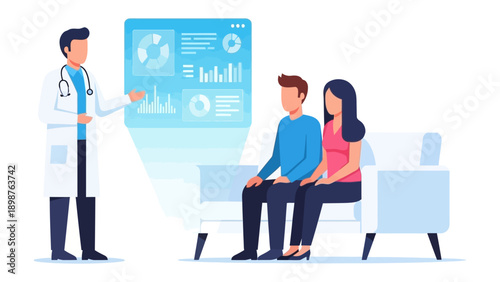 Medical Consultation: A healthcare professional consults with a couple, using modern technology to explain a detailed medical analysis