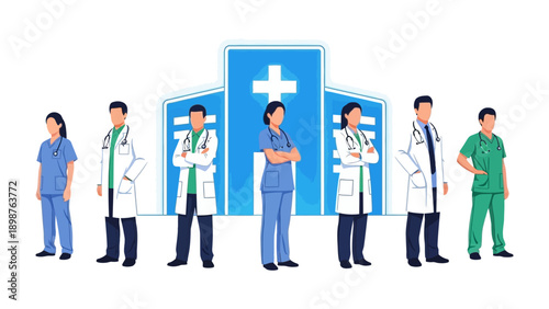 Healthcare Heroes Standing Tall: An illustration featuring a dedicated team of medical professionals, united in their commitment to care, standing in front of a hospital.