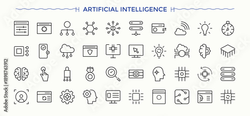 Artificial Intelligence simple icon set. Technology thin outline icons pack. Minimalist icons collection. Science icon collection. Editable stroke.