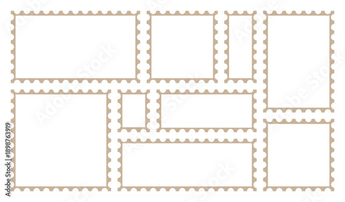 Blank postage stamps with empty paper design. Post stamp frame and border. Rectangle shape frame with Vector zigzag objects for badge, sticker, photo. Vector illustration set