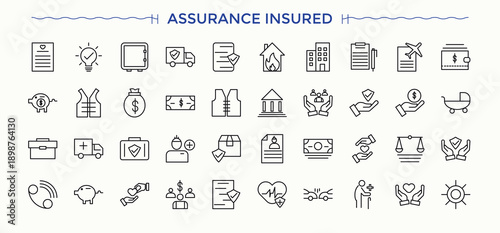 Insurance related icon set. Contains outline symbols like health, protection, policy, protect, business, finance and more. Modern vector UI icons. Pictogram and infographic. Saving modern icon set.