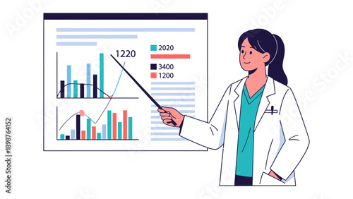 Presentation of Business Analytics: A professional individual, smartly attired in a lab coat, delivers an insightful presentation using a chart, highlighting data analysis and performance.