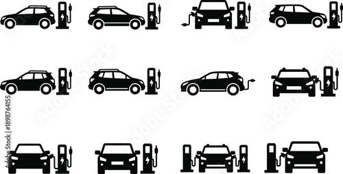 Vector Silhouette Set of Electric Vehicle Charging Station Icons Featuring Modern EV Cars SUV Models and Eco Friendly Sustainable Green Energy Transport