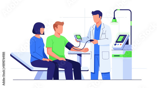 Medical Checkup Illustration: A doctor checks the blood pressure of a patient with a family member present in an illustrated medical setting. 