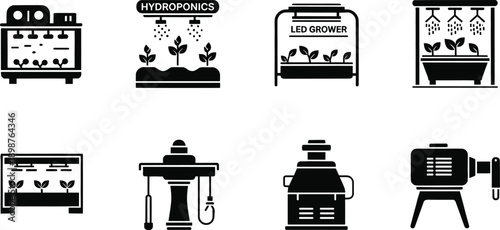 Hydroponics System Icon Set Featuring Smart Indoor Farming LED Grow Lights Vertical Gardening and Sustainable Agricultural Technology Flat Black Vector Illustrations