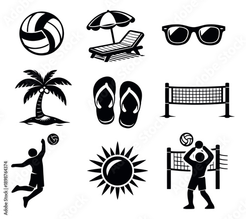 Simple graphic icon set featuring beach and summer elements like volleyball, umbrella, palm tree, and sun along with volleyball players for summer vacation and outdoor activities
