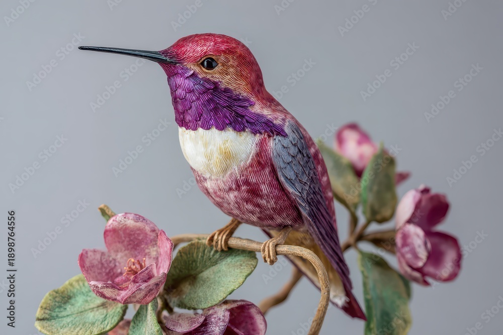 Fototapeta premium Realistic model of a hummingbird perched on a delicate branch adorned with blossoms showcasing vibrant colors and intricate details of its plumage