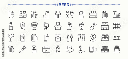 Beer linear icon collection. Simple line vector icons. Contains outline symbols like beverage, brewer, brew, brewery, alcohol. Editable stroke. Vector collection. Pub icon set.