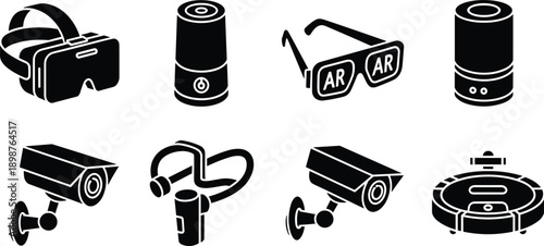 Virtual Reality and Smart Home Icon Set Featuring VR Headset AR Glasses Security Cameras Robotic Vacuum and Smart Speakers Flat Vector Illustration